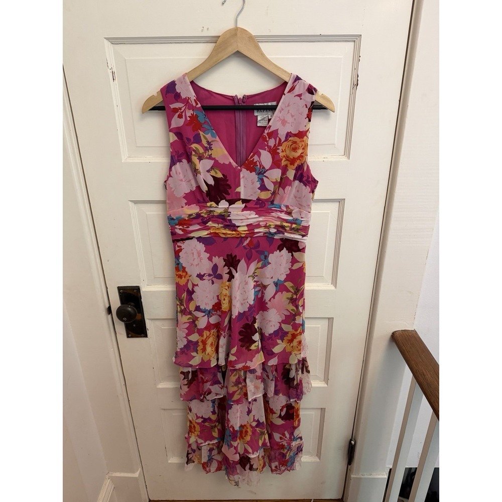 Adrianna Papell Vintage Pink Floral Silk Chiffon Dress Midi Tiered Party Size 8